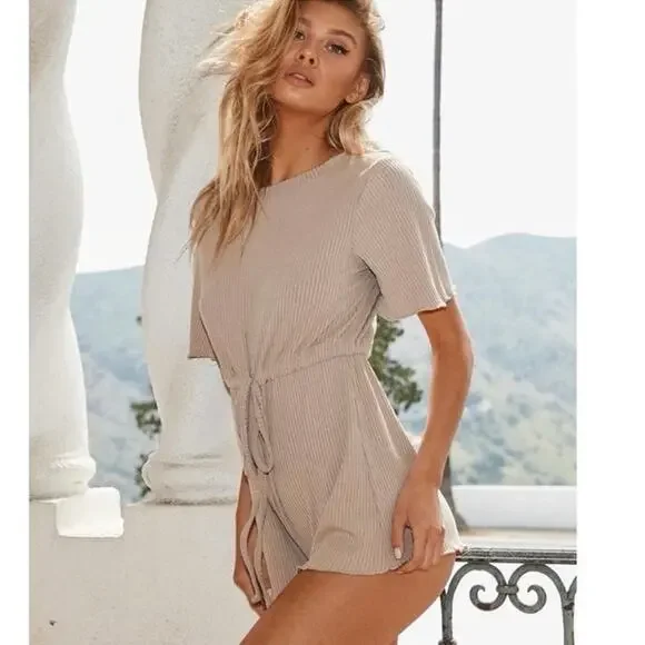 Princess Polly Aiken Soft Ribbed Short Sleeve Front Tie Romper Size 4 - Picture 2 of 14